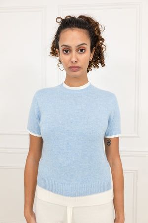 Cashmere and Wool Short Sleeve Crewneck in Light Blue