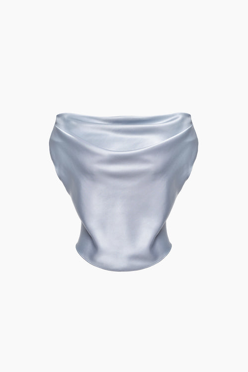 Du & Berry Blue Silky Draped Top with smooth, shiny fabric and elegant drape design