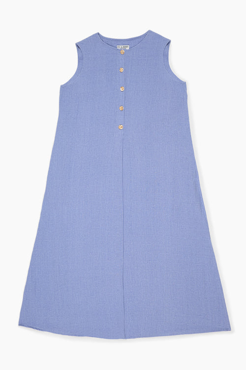 Du & Berry Blue Linen Button Midi Dress sleeveless with front buttons and A-line silhouette