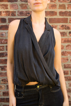 Du & Berry Twist Collared Top in Black sleeveless wrap front blouse with collar