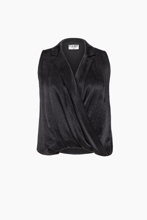 Du & Berry Twist Collared Top in Black sleeveless with draped front and soft fabric