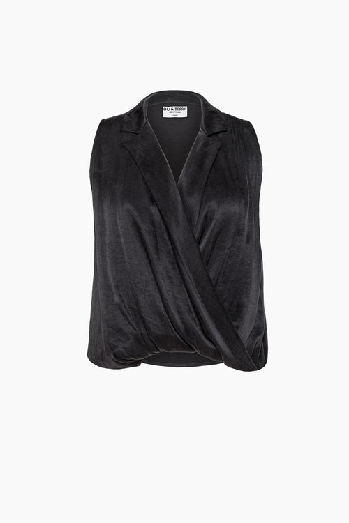 Du & Berry Twist Collared Top in Black sleeveless with draped front and soft fabric