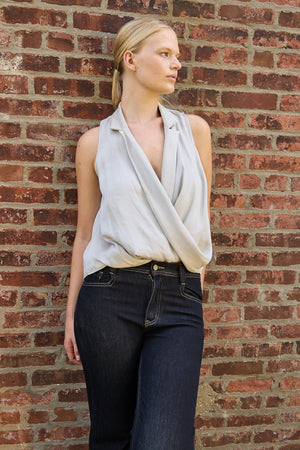 Du & Berry Grey Twist Collared Top worn by model with sleeveless design and draped front