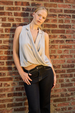 Du & Berry Grey Twist Collared Top sleeveless stylish blouse worn with black jeans