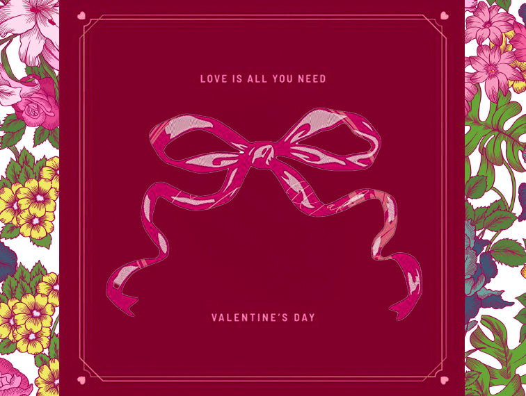 Valentine's Day themed image with a pink ribbon bow and floral borders symbolizing love and romance