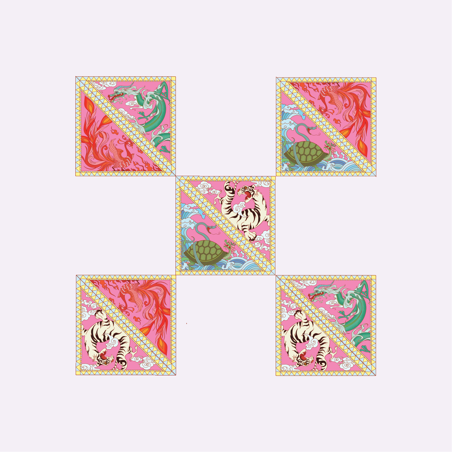 Discover how these legendary symbols—Azure Dragon, White Tiger, Vermilion Bird, and Black Tortoise—are illustrated in colorful quilted fabric squares