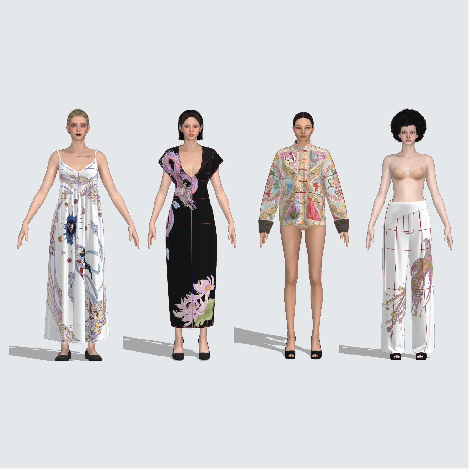 Fashion models showcasing elegant garments featuring detailed placement printing in fashion design with artistic patterns
