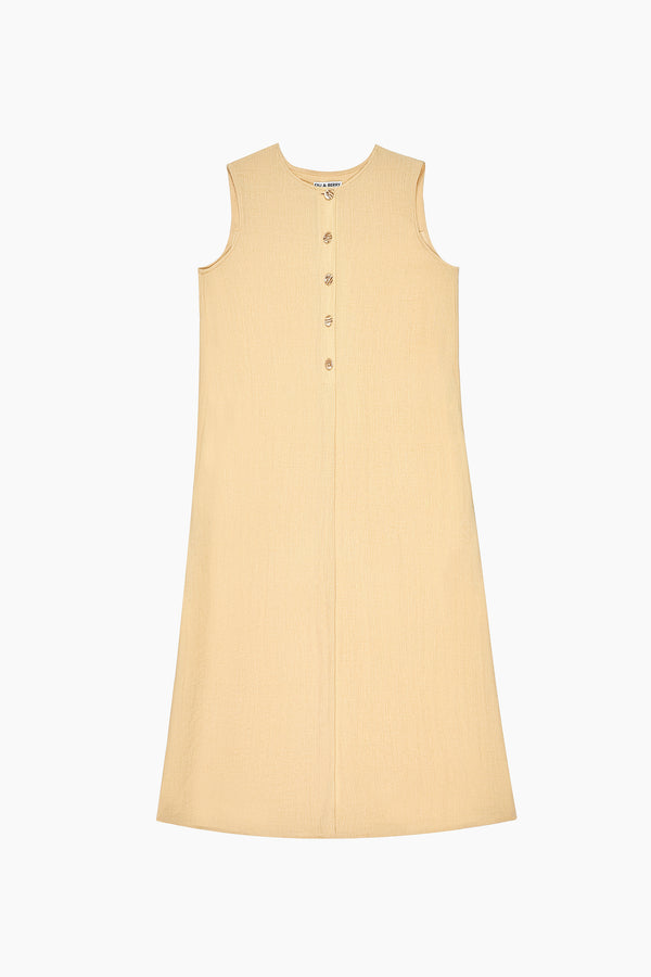 Drift Linen Button Midi Dress in Soft Mustard - Du & Berry