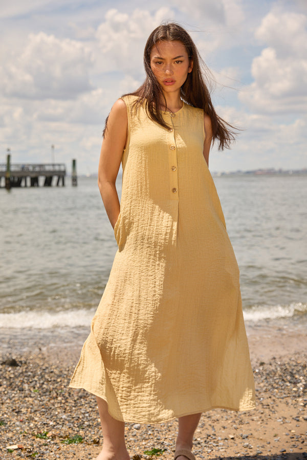 Drift Linen Button Midi Dress in Butter Yellow, with side pockets