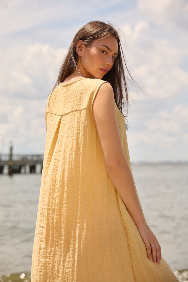 Linen Button Down Midi Dress in Soft Mustard - Du & Berry 