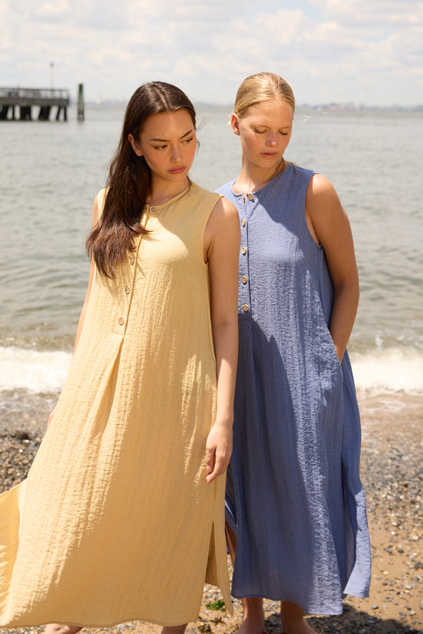 Drift Linen Button Midi Dress in Soft Mustard 