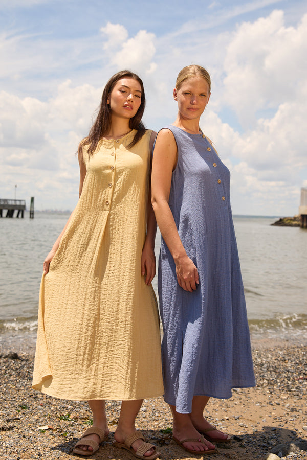 Drift Linen Button Down Midi Dress in Soft Mustard