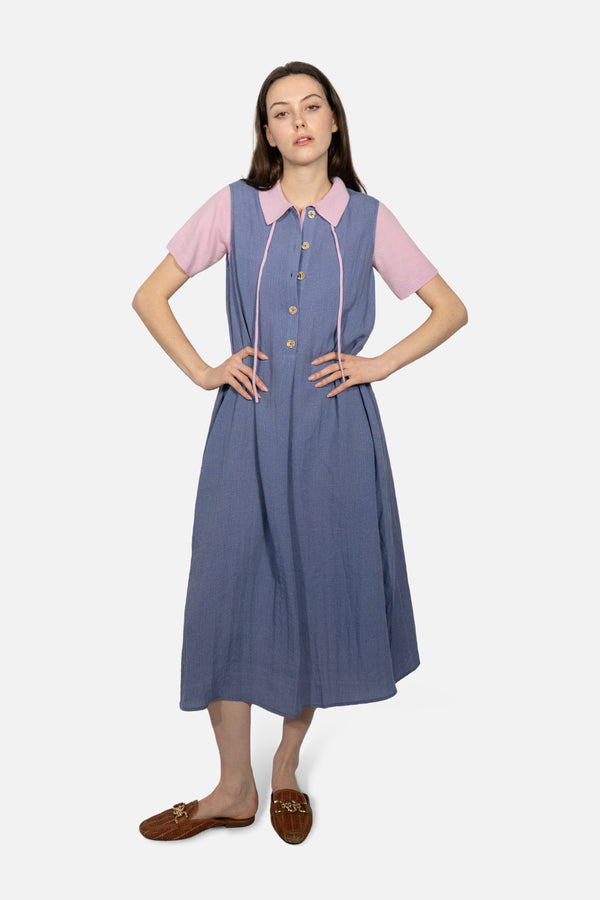Drift Linen Button Midi Dress in Slate Blue