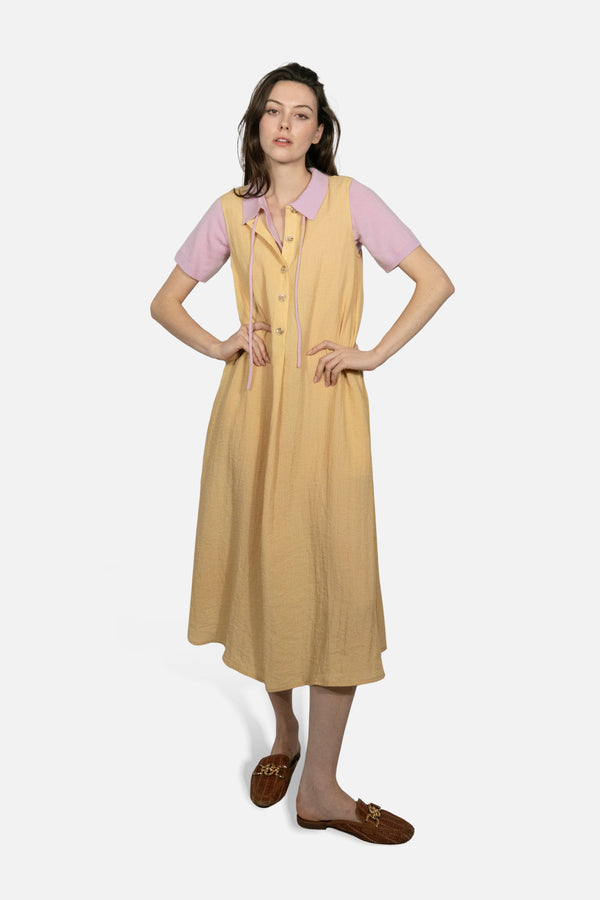 Drift Linen Button Midi Dress in Soft Mustard