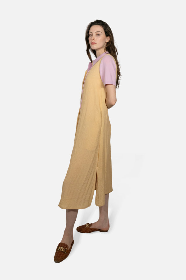Drift Linen Button Midi Dress in Soft Mustard