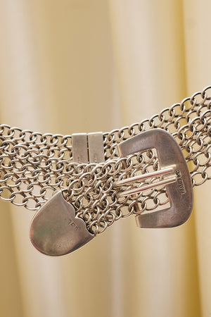 Du & Berry curated vintage - detail view sterling silver belt buckle and four-row chain belt with two keepers at the back