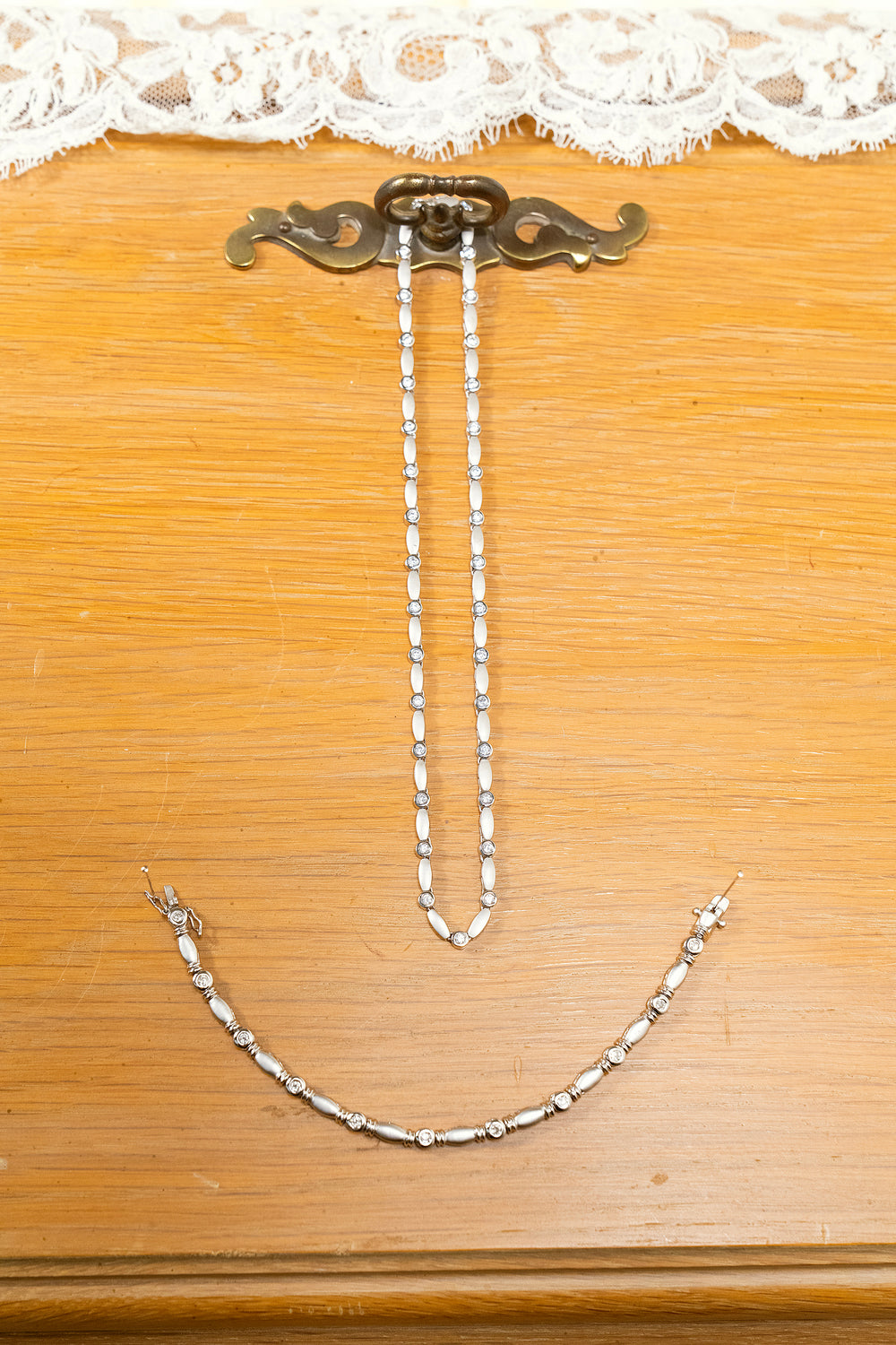 Artisan 925 Silver Matching Necklace and Bracelet with Brilliant Clear Stones