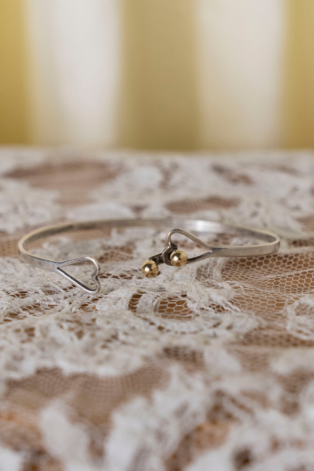 Vintage Sterling Double-Heart & Gold Bead Bracelet