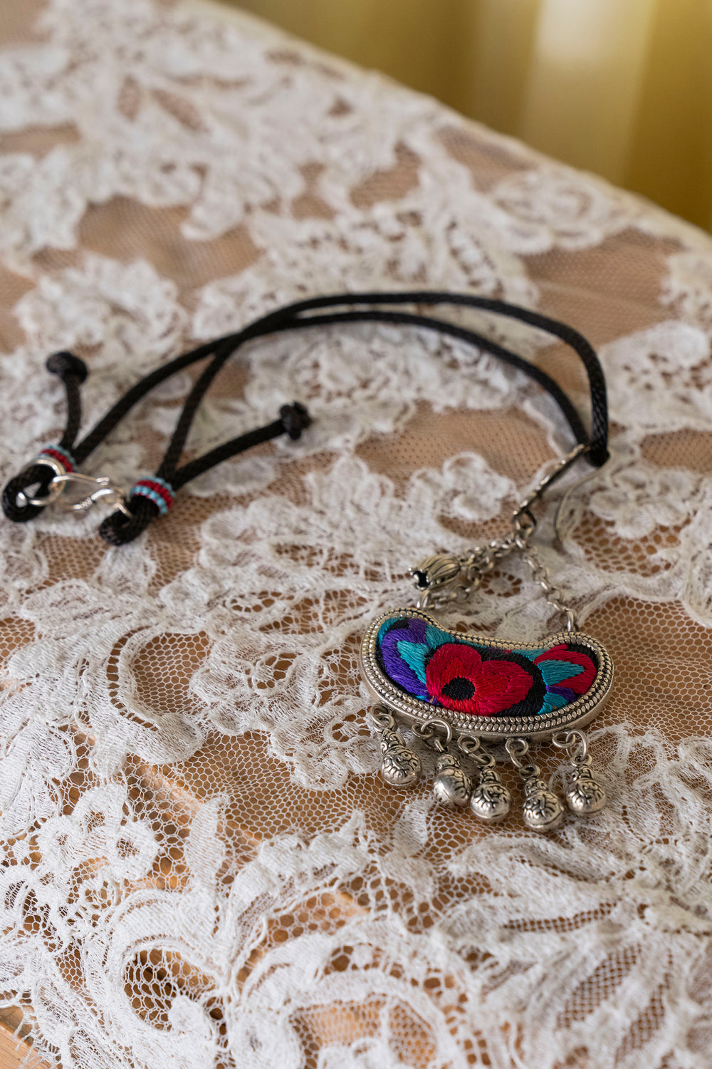 Vintage Silver Pendant with Colorful Embroidery & Gourd Charms