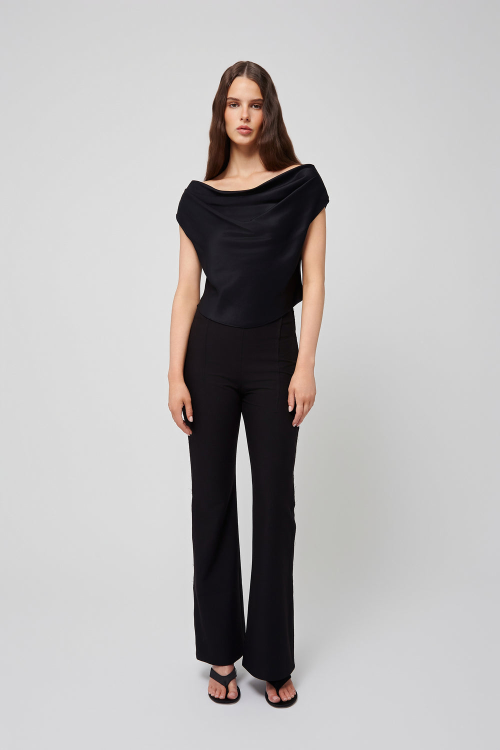Du Berry elegant Draped Top in Deep Black with smooth satin finish and cap sleeves