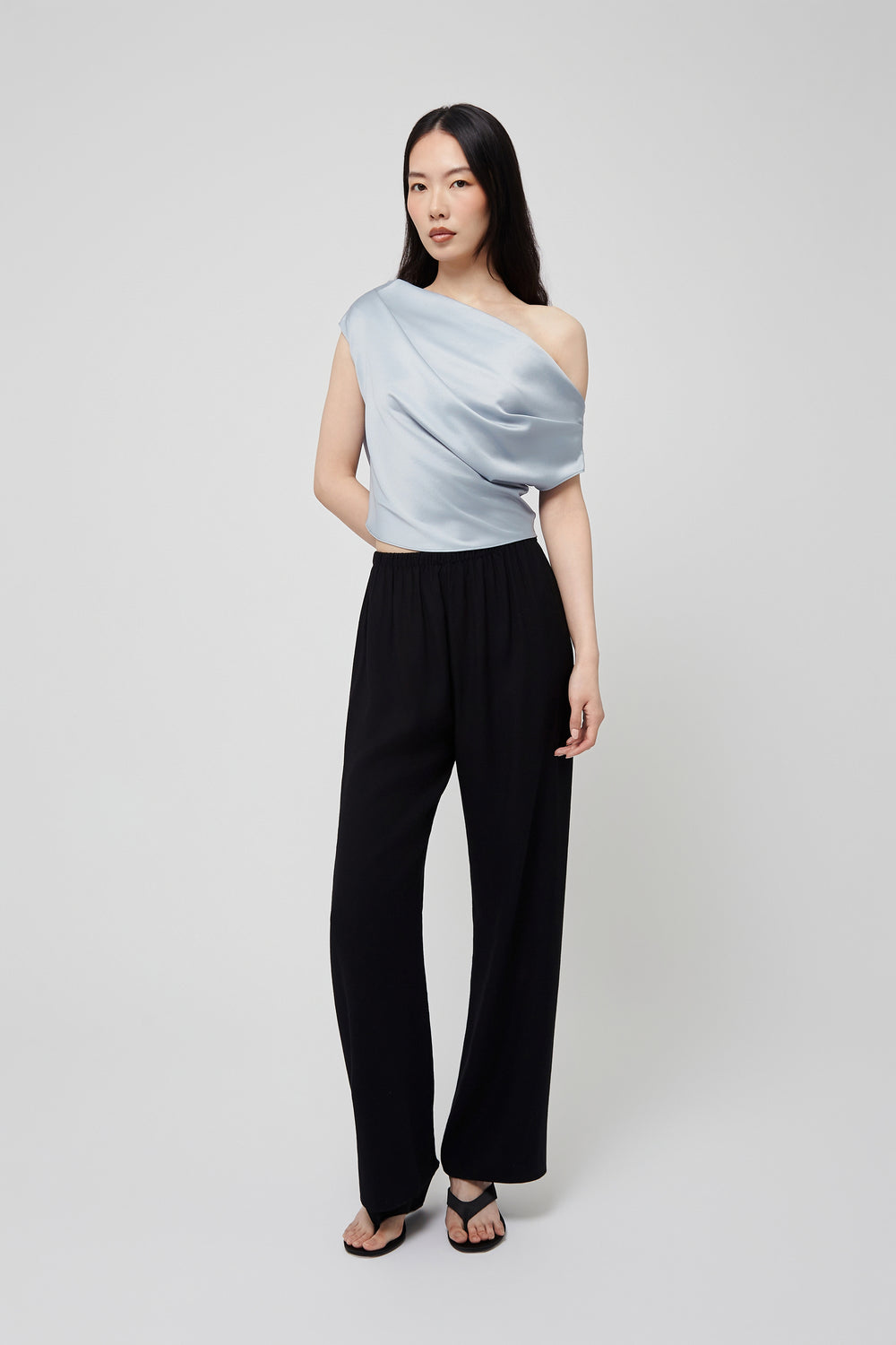 Du & Berry Blue Silky Draped Top with smooth, shiny fabric and elegant drape design