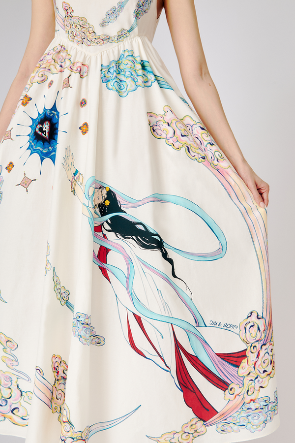 Model detail view of Nuwa Canopy White Silk and Cotton Placement Print Dress