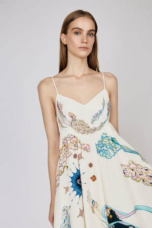Model detail view of Nuwa Canopy White Silk and Cotton Placement Print Dress