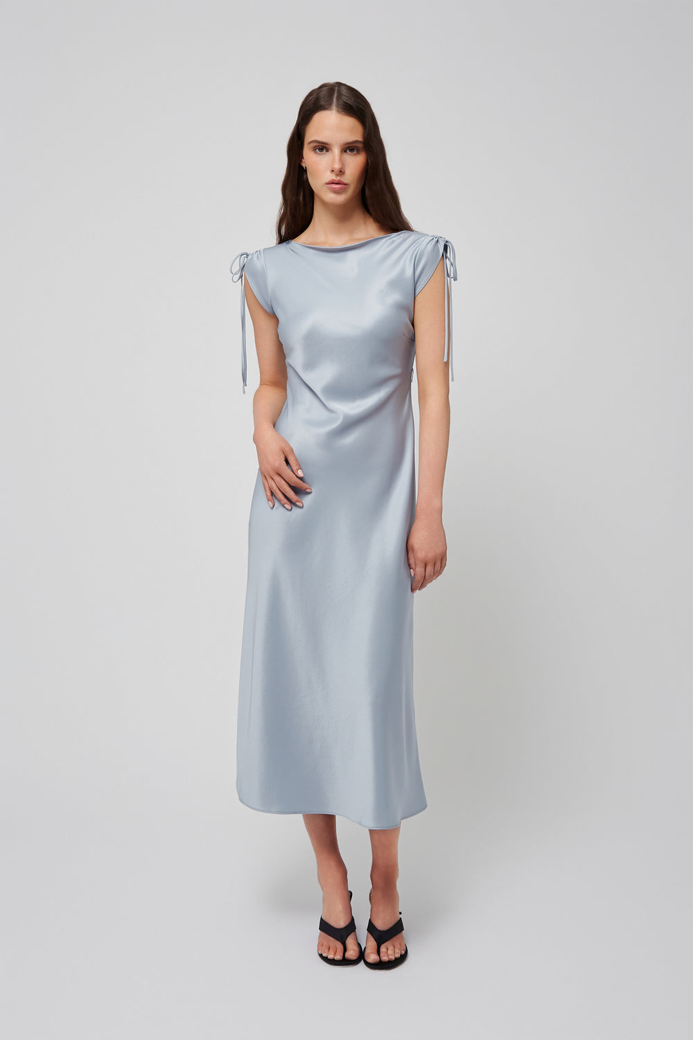 Du & Berry light blue satin midi dress with sleeveless design and tie details on shoulders