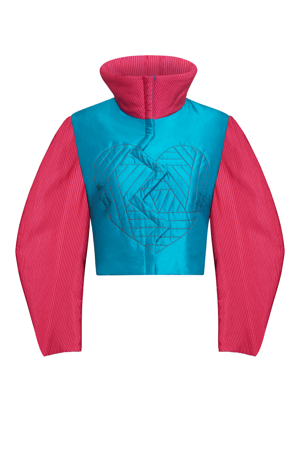 Model wearing trendy vibrant Electronic Heart Silk Bomber Jacket with funnel neck contrasting zipper