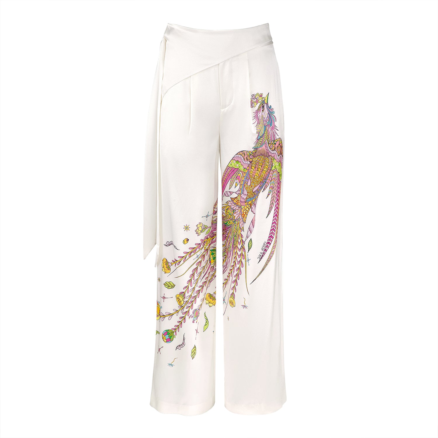 Phoenix Belted Silk Trousers with front pleats, belt, and mythical print on white background