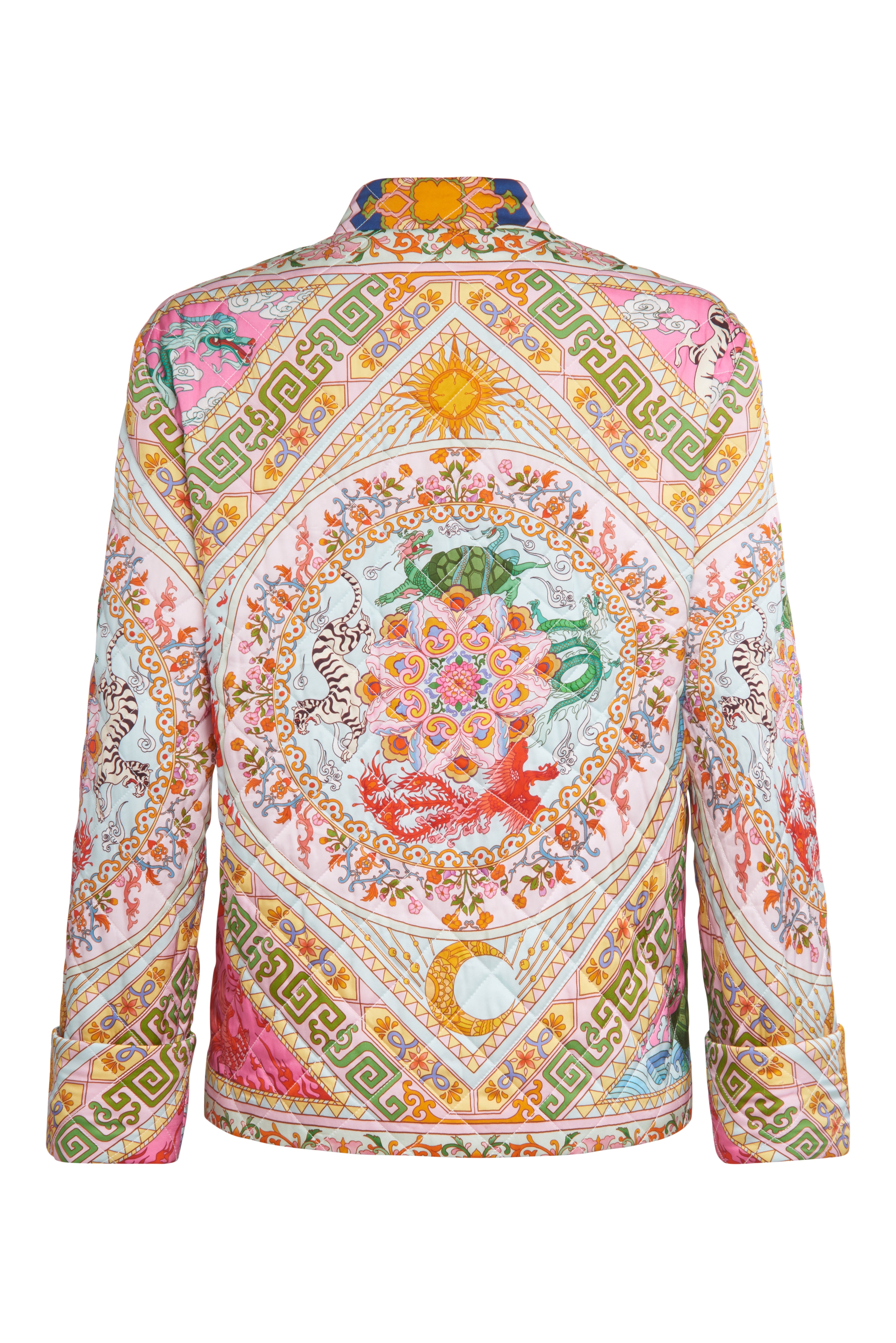 Flat lay of Du&Berry Four Divine Creatures Jacket's back view featuring the quilted, hand-painted designs of designer Lin Du