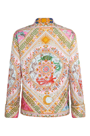 Flat lay of Du&Berry Four Divine Creatures Jacket's back view featuring the quilted, hand-painted designs of designer Lin Du