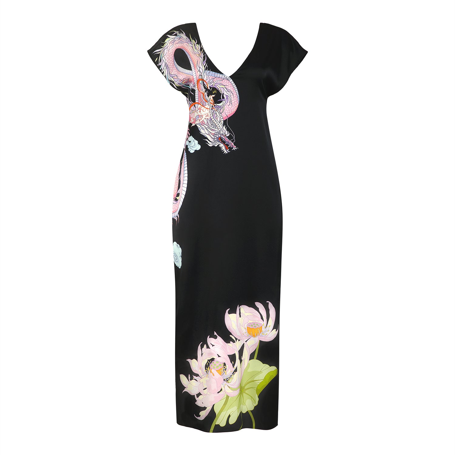 Flat lay view Du & Berry Loong Warrior Black Silk Midi Dress with hand-drawn Chinese placement print on white background