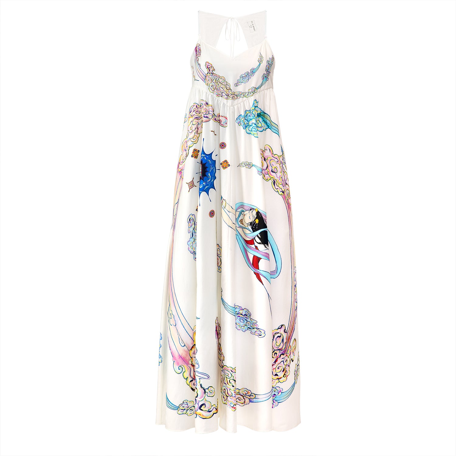 Du & Berry Nuwas Canopy Silk and Cotton Open Back Midi dress in white with multicolor hand drawn mythological Chinese print on white background