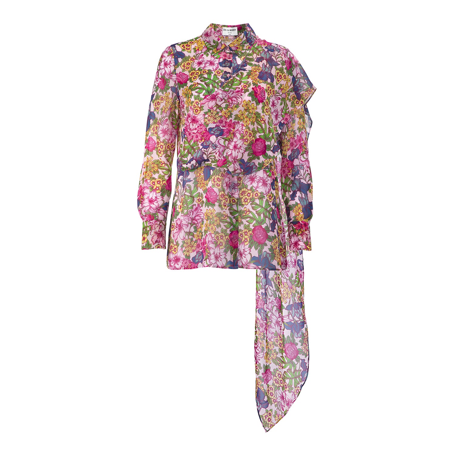 Du & Berry Floral Symphony Silk Chiffon Pink Button Up Blouse with scarf detail on white background