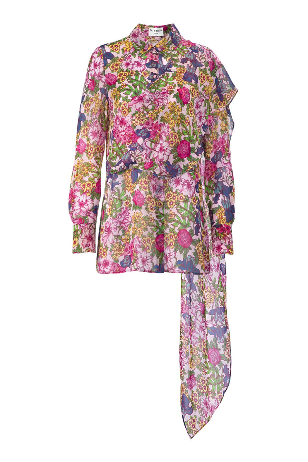 Model wearing Du & Berry Floral Symphony Silk Chiffon Pink Button Up Blouse with scarf detail with black mini skirt and silver platform heels