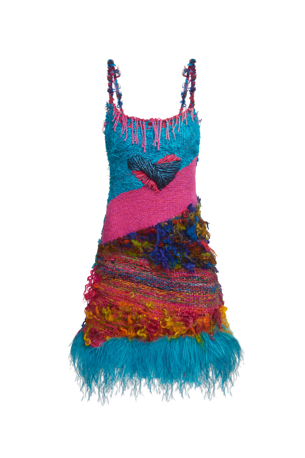 Full length model shot of Du & Berry One of A Kind Electric Heart Blue and Pink  Multicolor Wool Cashmere Sweater Mini Dress with feather trim