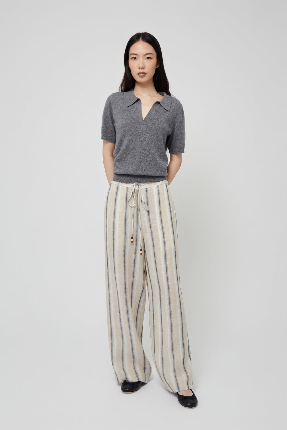 Erin Linen Wide Leg Stripe Pants in Beige - Du & Berry