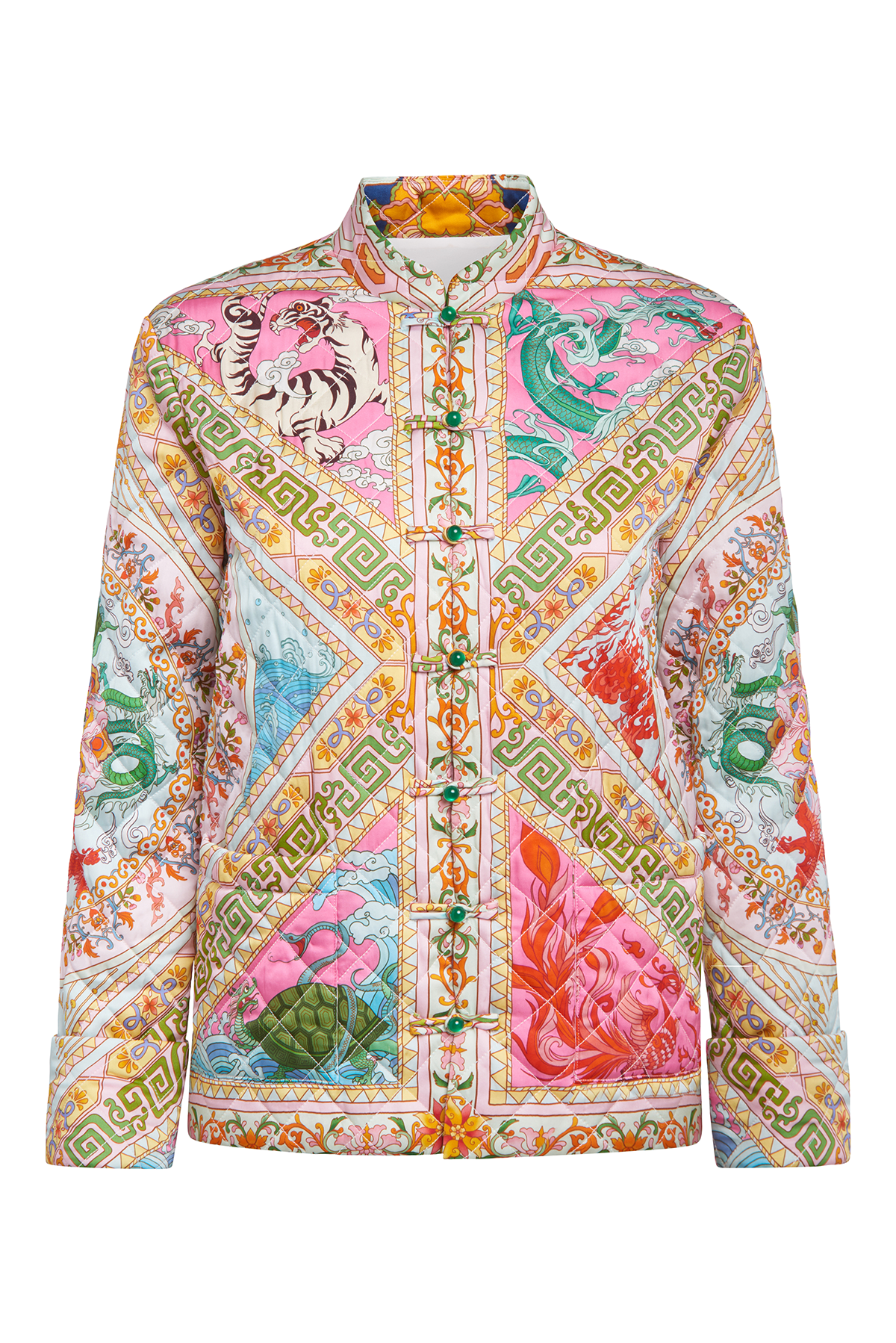 Front flat lay view of Four Divine Creatures Jacket with quilted, hand-painted design, featuring a mandarin collar and front pockets