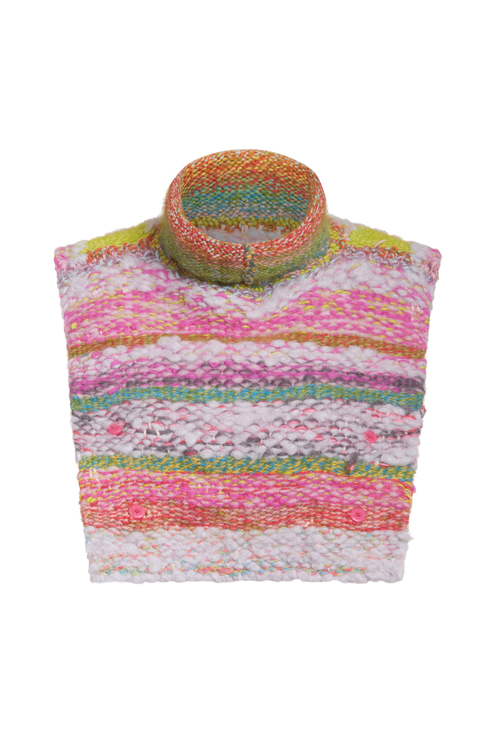 Up close view of model wearing Du & Berry one of a kind unique wool cashmere cropped turtleneck knit sweater top holding flowers