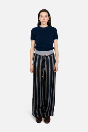 Erin Linen Wide Leg Stripe Pants in Navy