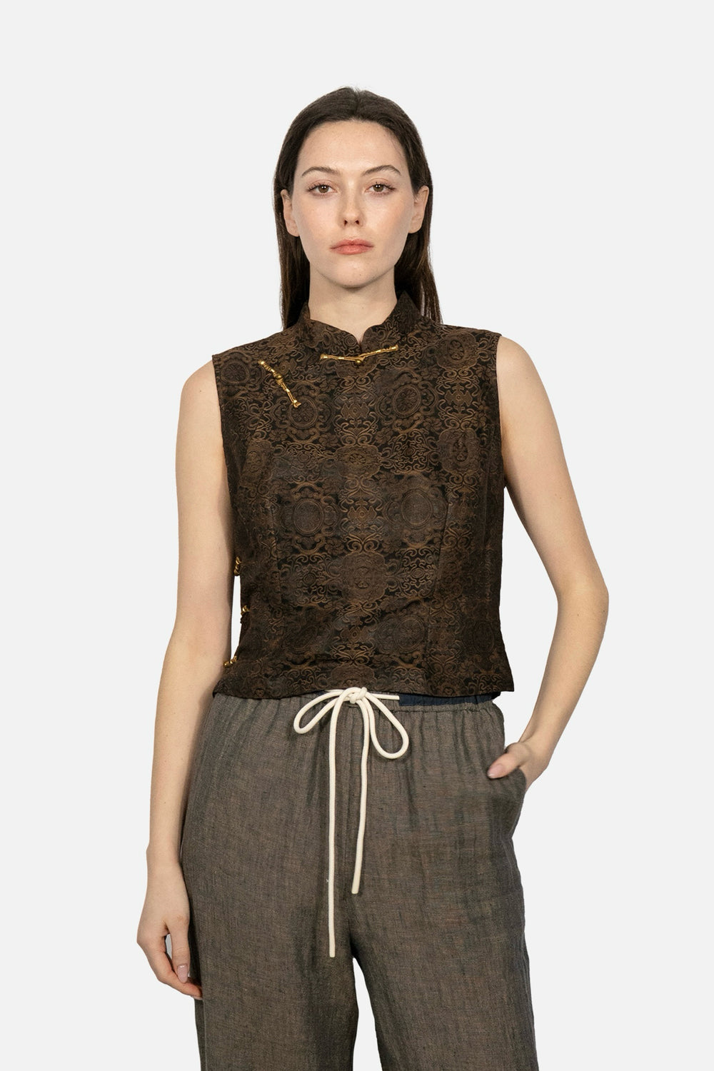 Jacquard Mulberry Silk Vest in Umber Brown - Du & Berry