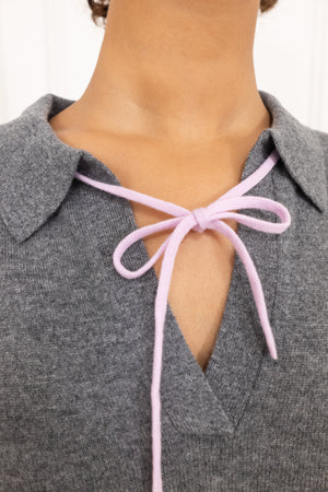 Grey Cashmere and Wool Polo T-Shirt with Pink bow