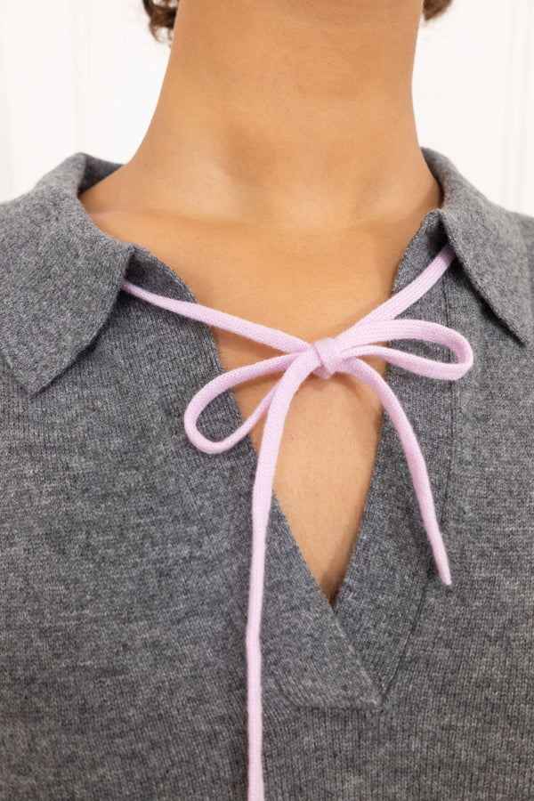 Grey Cashmere and Wool Polo T-Shirt with Pink bow