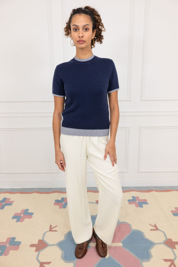 Cashmere and Wool Short Sleeve Crewneck in Dark Blue