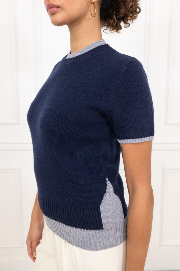 Du & Berry Cashmere & Wool Sweater in Dark Indigo and Grey splits