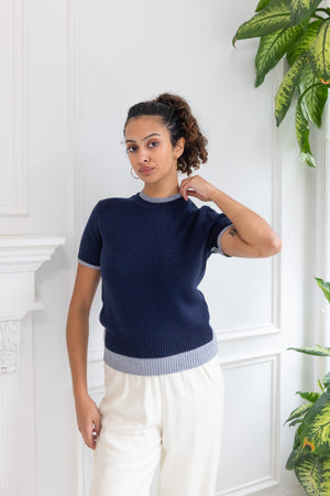 Cashmere and Wool Short Sleeve Crewneck in Dark Indigo