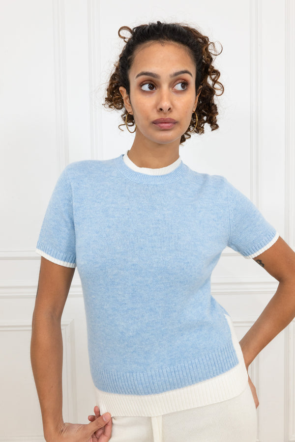Du & Berry Cashmere and Wool Short Sleeve Crewneck in Sky Sorbet