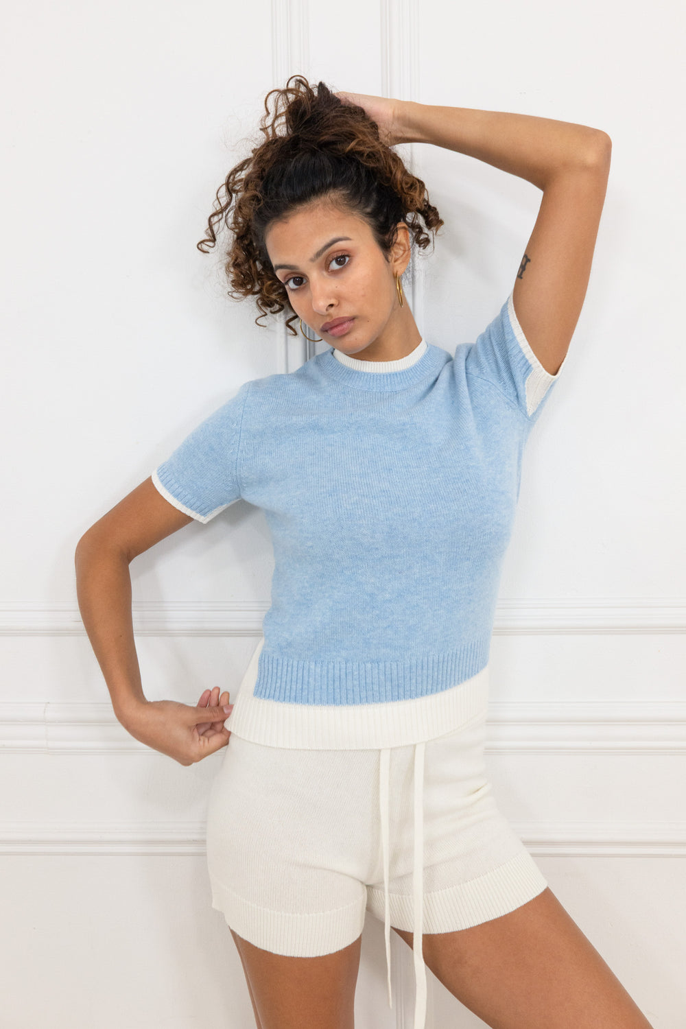 Du & Berry Cashmere and Wool Short Sleeve Crewneck in Light Blue