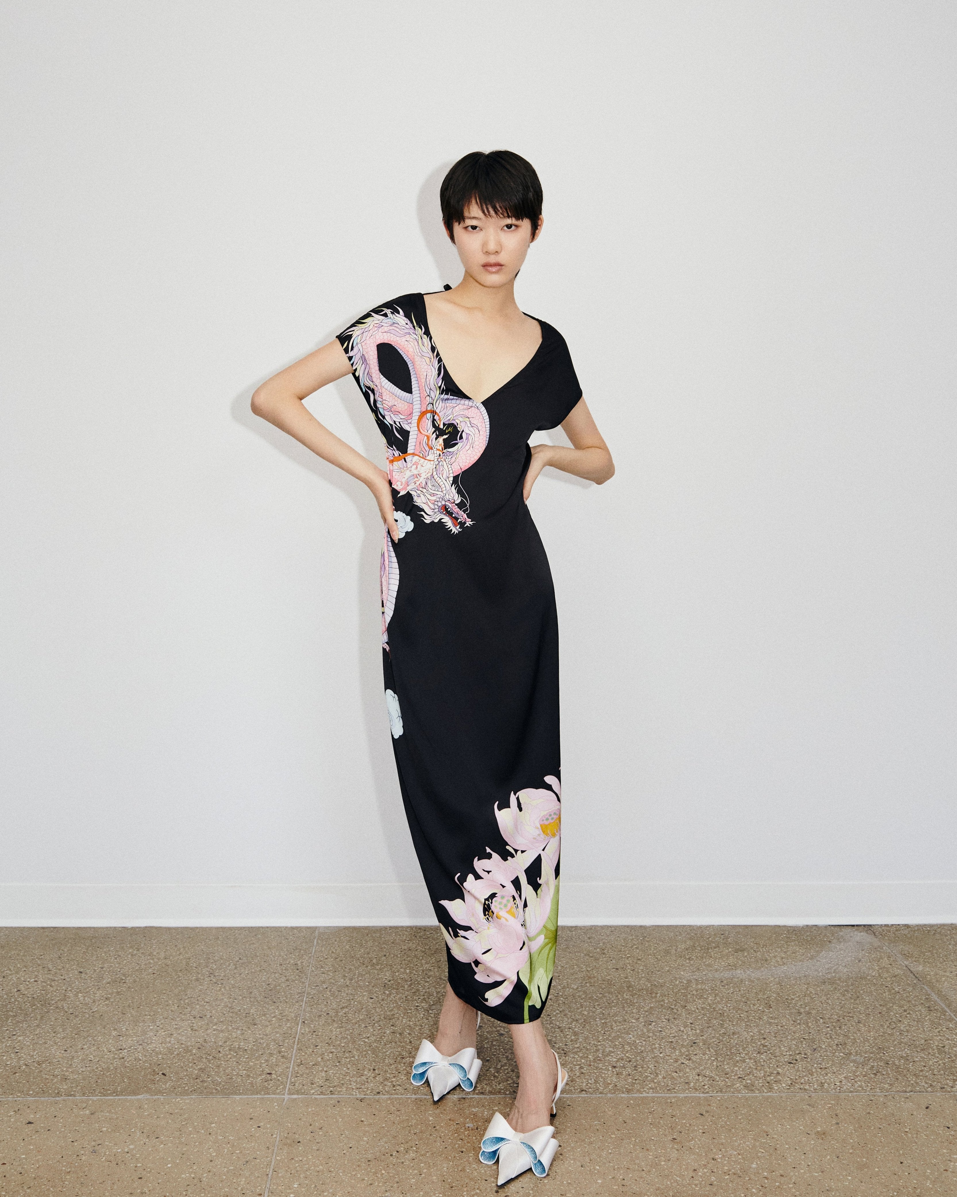 Model Cat wearing Du & Berry's Loong Placement Print Warrioress Black Silk Midi Dress